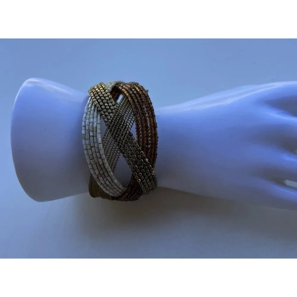 Vintage Glass Seed Bead Pieces Cuff Bracelet Brown Gold Y2K Women’s Sz 7.5”